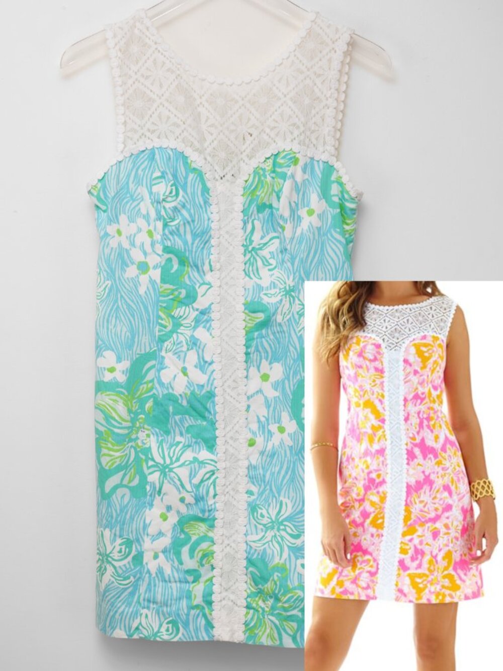 Lilly Pulitzer Sofia Lace Dress Shift Lagoon Green Wave Rider Blue White Size 4